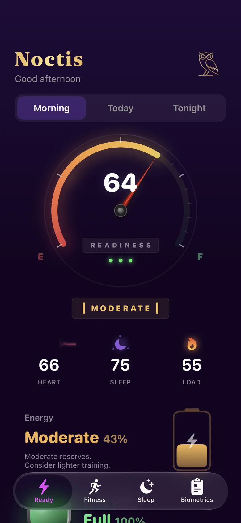 Noctis Morning screen showing a Readiness score of 64, rated Moderate, built from heart 66, sleep 75 and load 55.