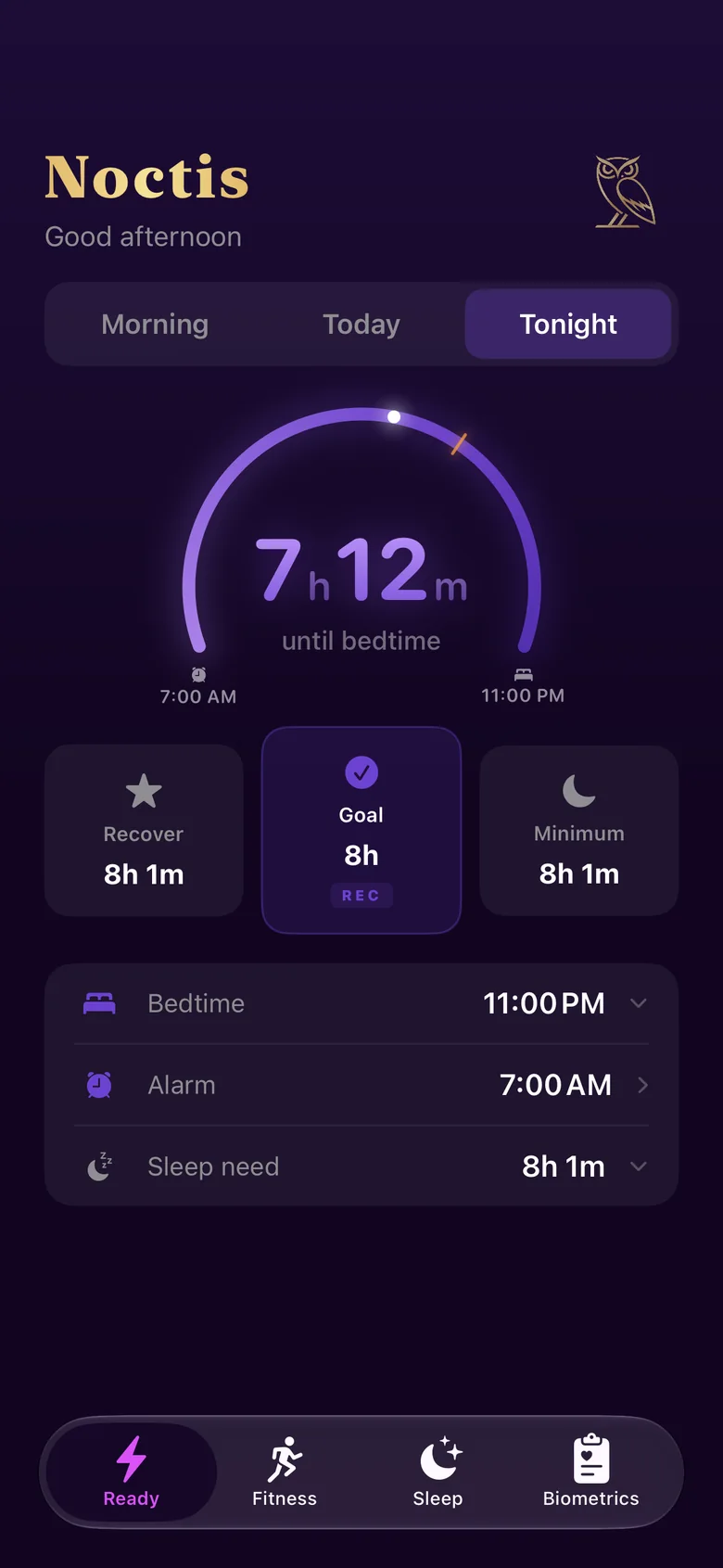 Noctis Tonight screen: 7 hours 12 minutes until an 11:00 PM bedtime, with a 7:00 AM alarm, an 8 hour goal and Recover and Minimum options.